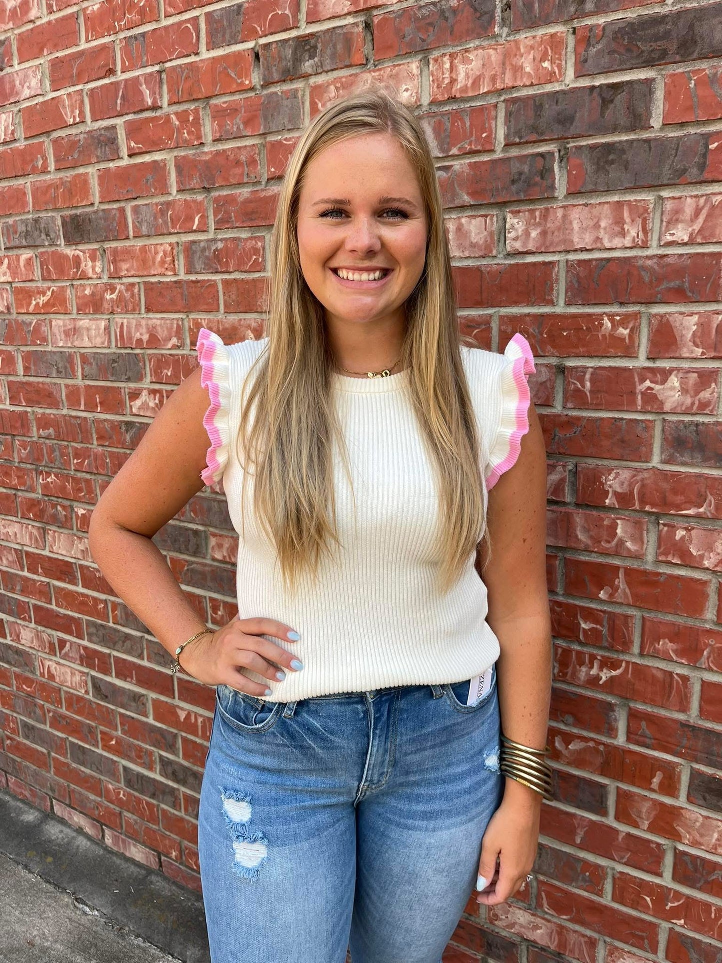 Pink Contrast Ruffle Sleeve Top