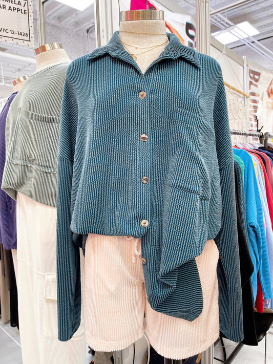 Teal Ribbed Button Top