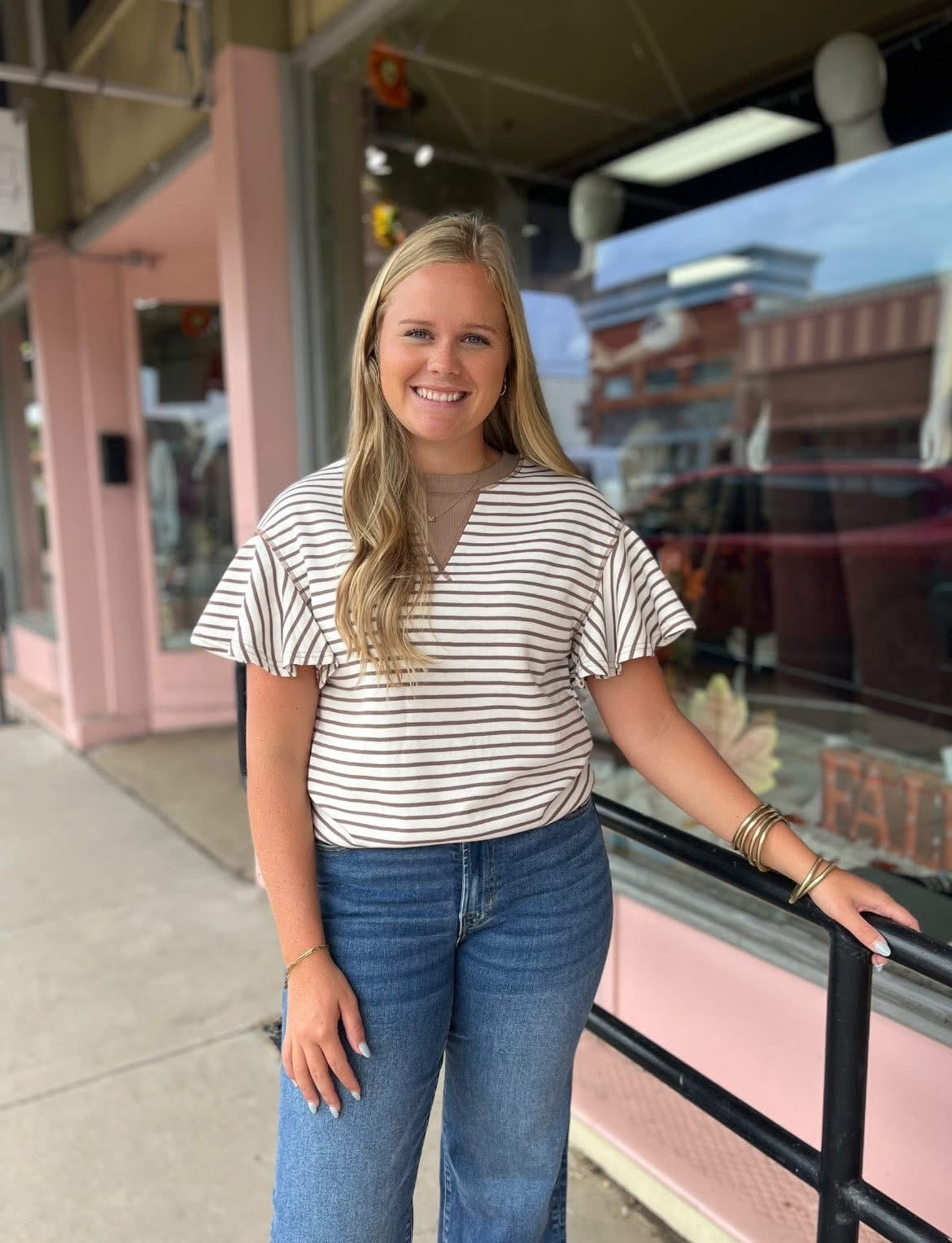 Brown Stripe Ruffle Top