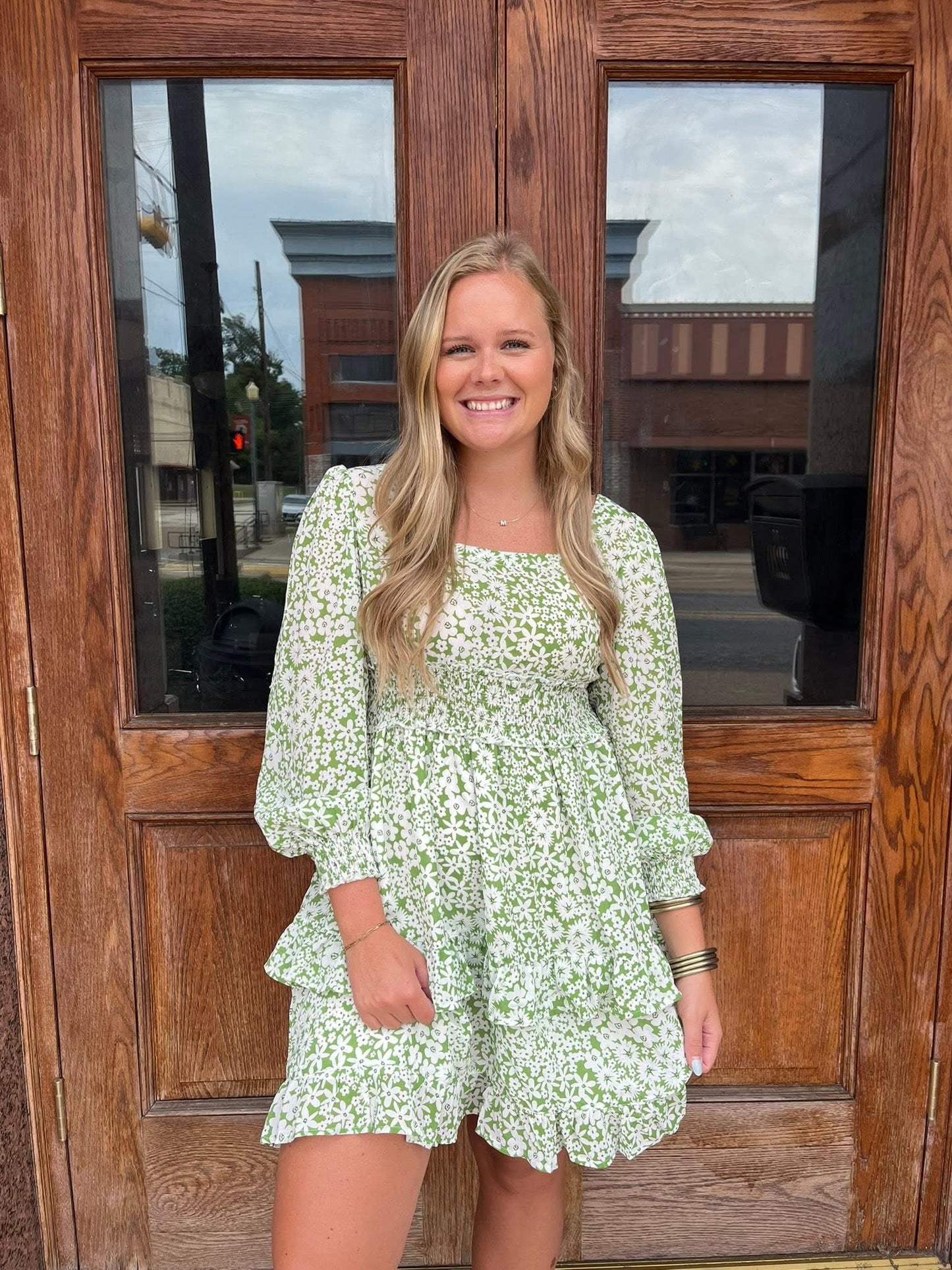 Green Floral Shirred Dress