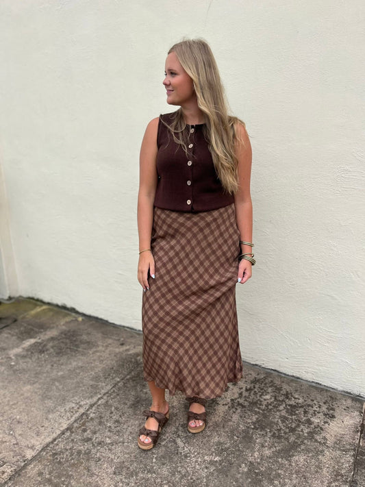 Brown Plaid Midi Skirt