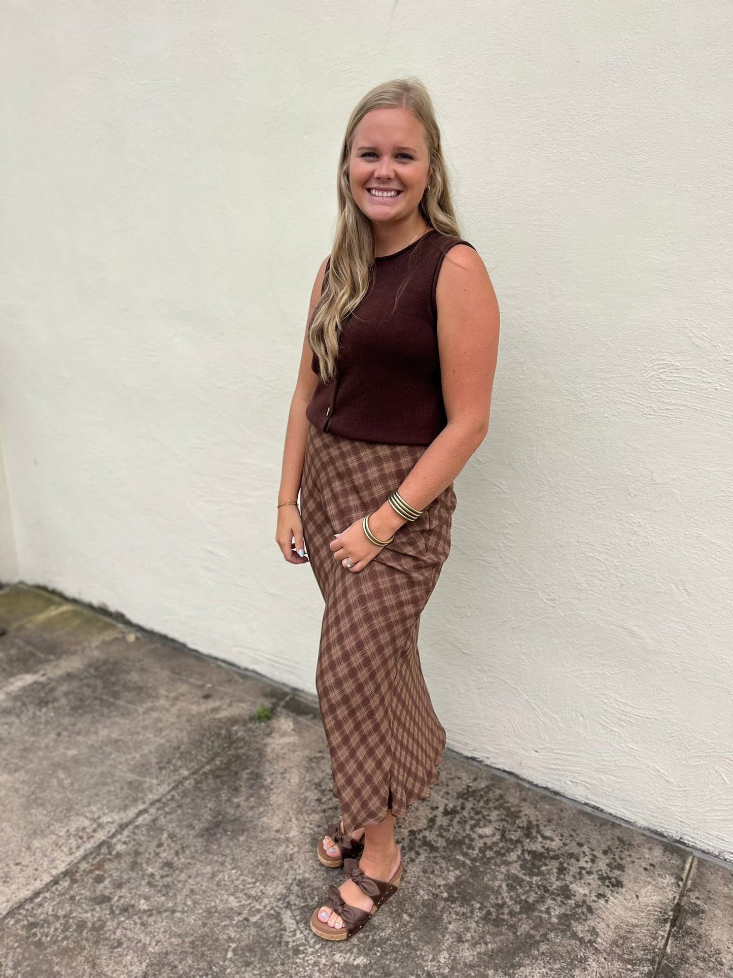 Brown Plaid Midi Skirt