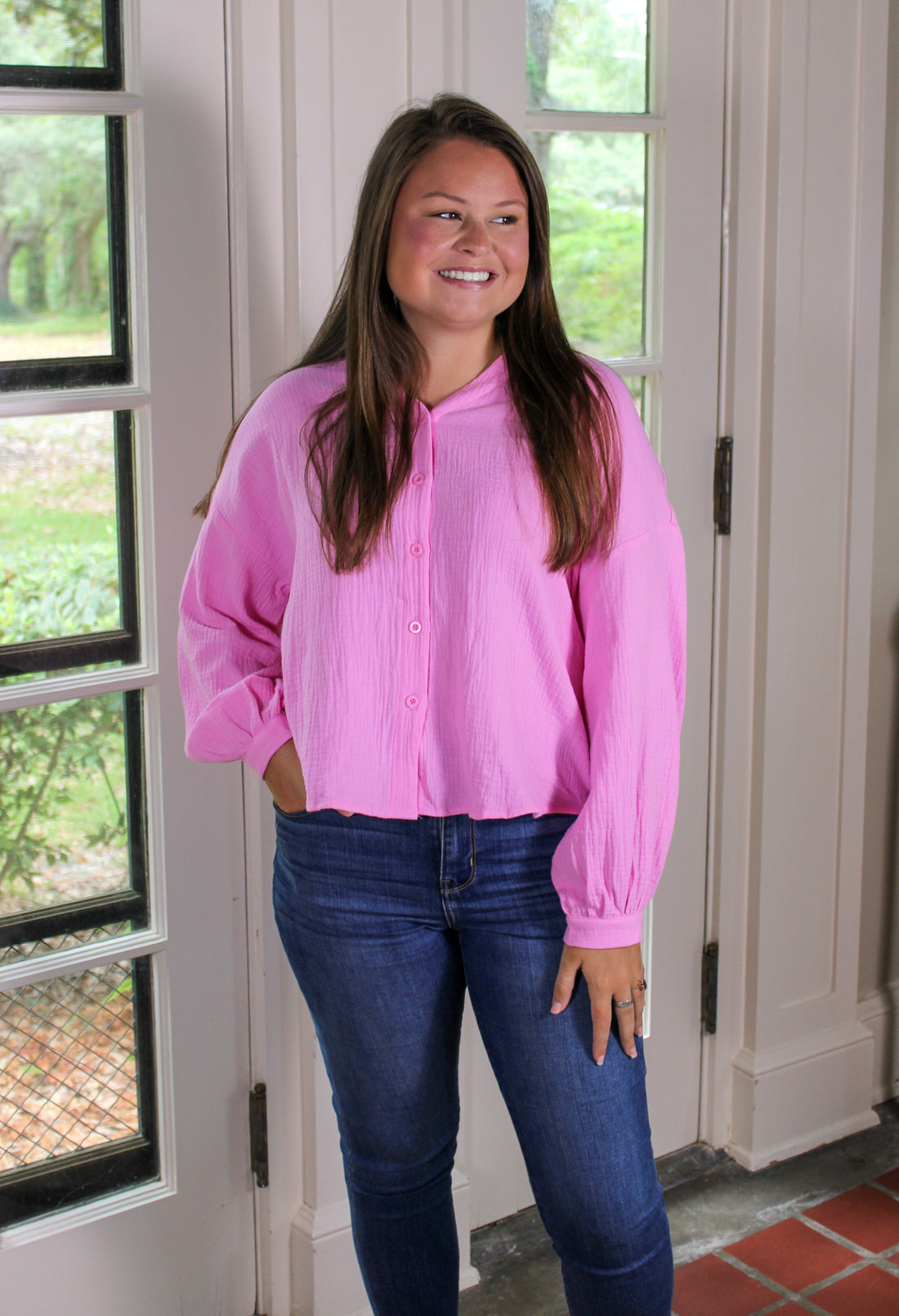 Pink Crinkle Button Up