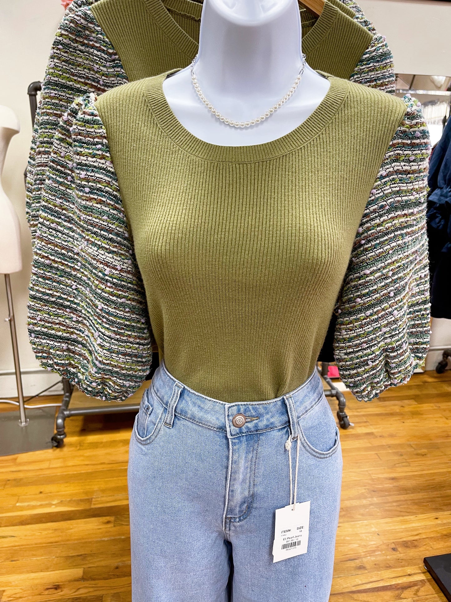 Olive Tweed Puff Sleeve Knit Top