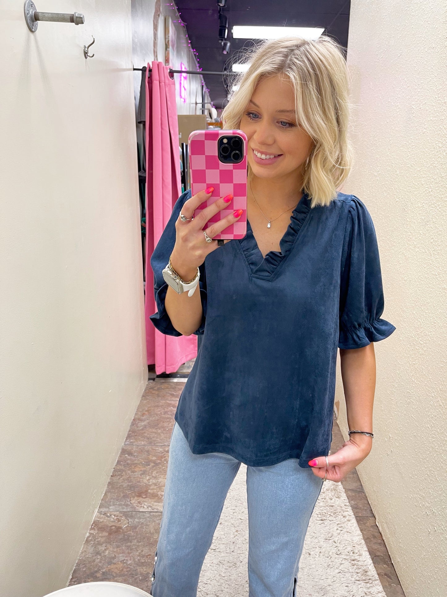 Ruffle V Neck Suede Top