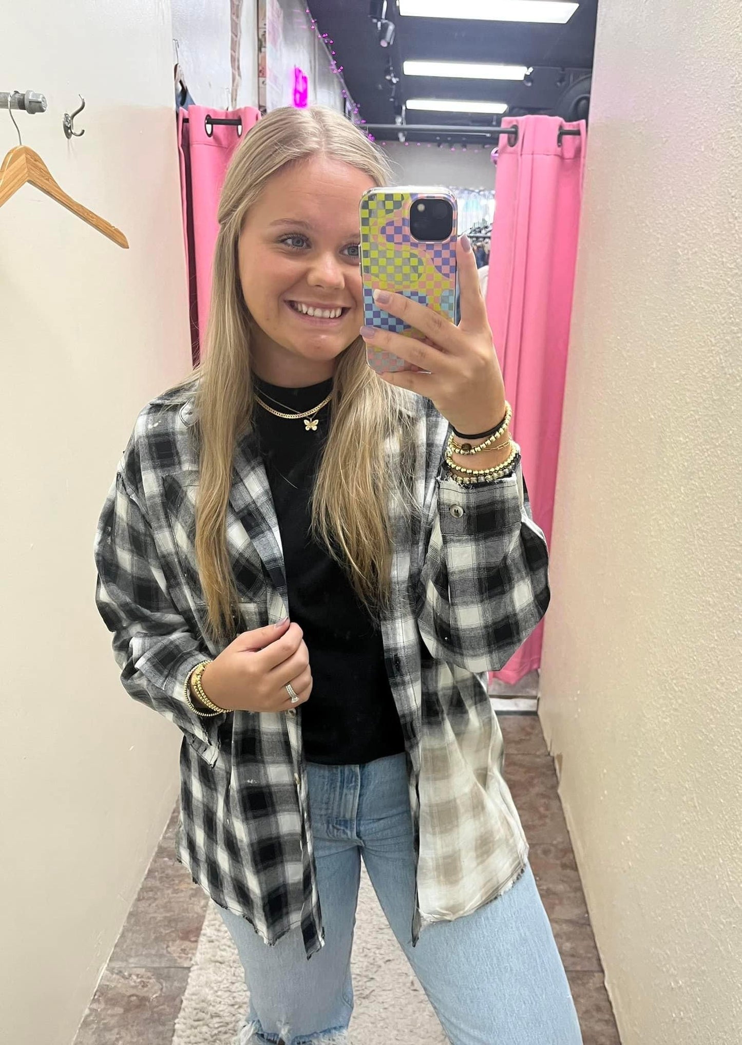 Washed Plaid Button Top