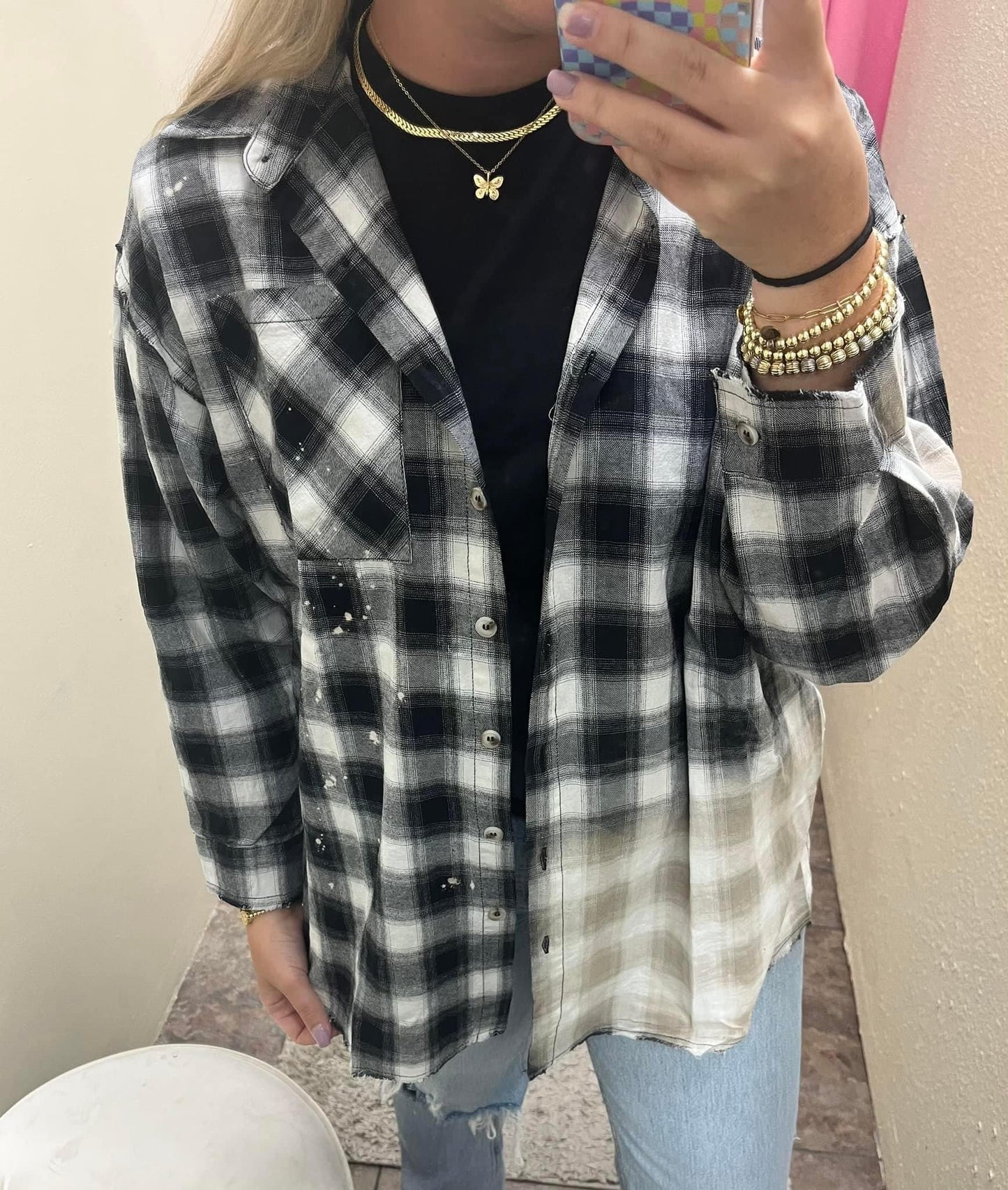 Washed Plaid Button Top