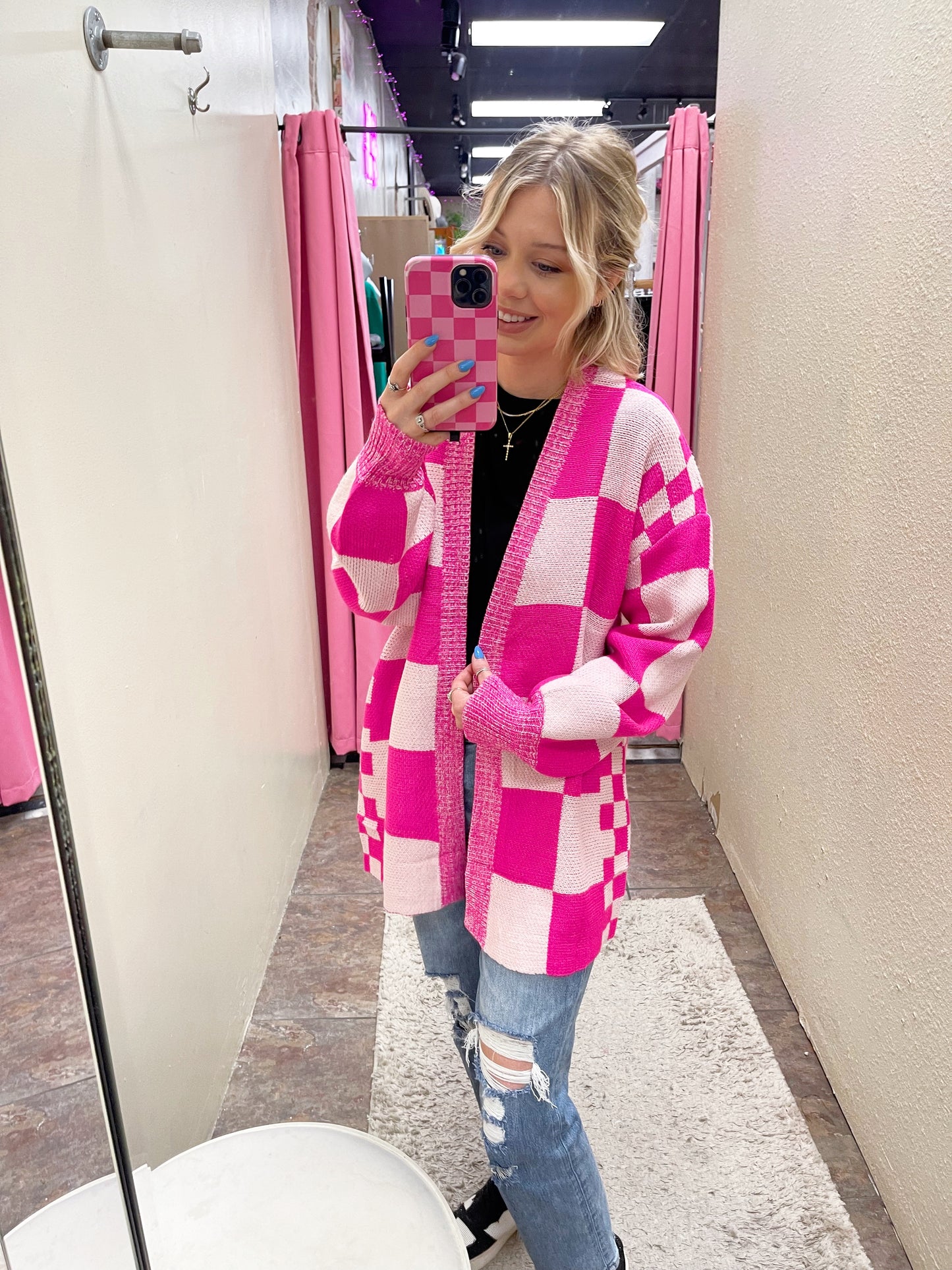 Pink Checkered Cardigan