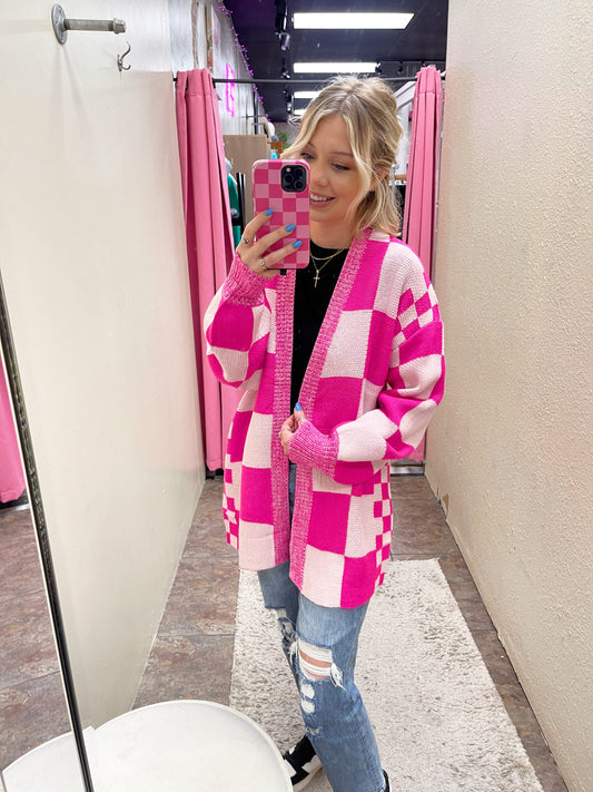 Pink Checkered Cardigan