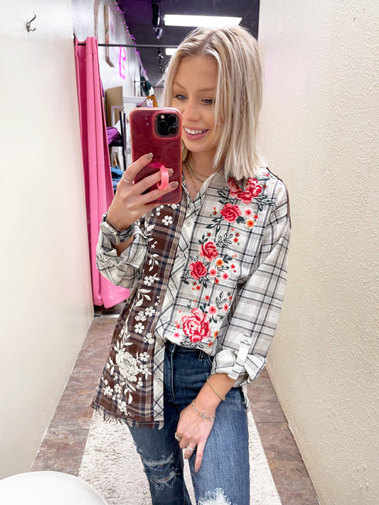 Embroidered Plaid Button Top