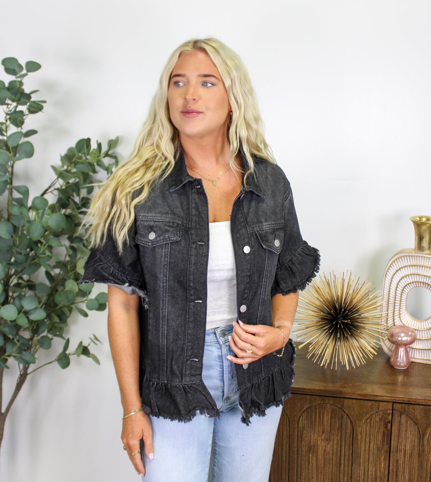 Black Ruffle Denim Jacket