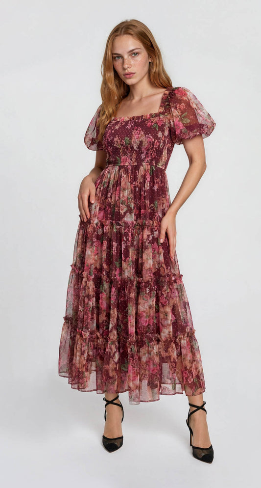 Burgundy Floral Tulle Midi Dress