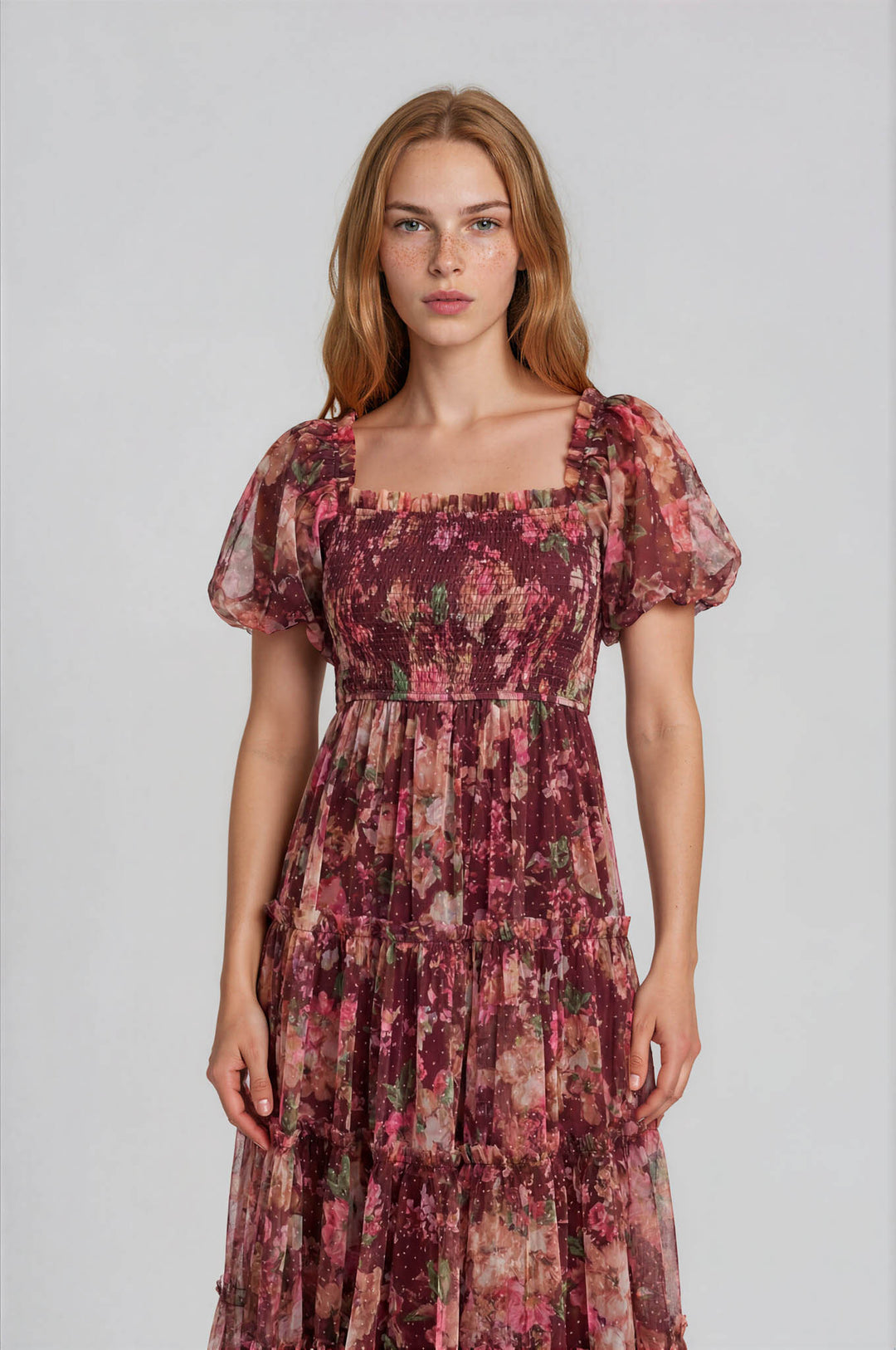 Burgundy Floral Tulle Midi Dress