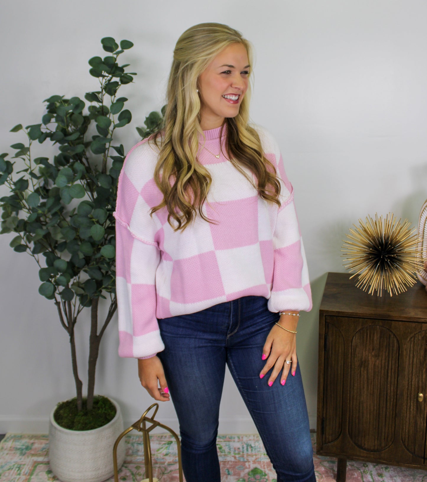 Pink Checkered Sweater