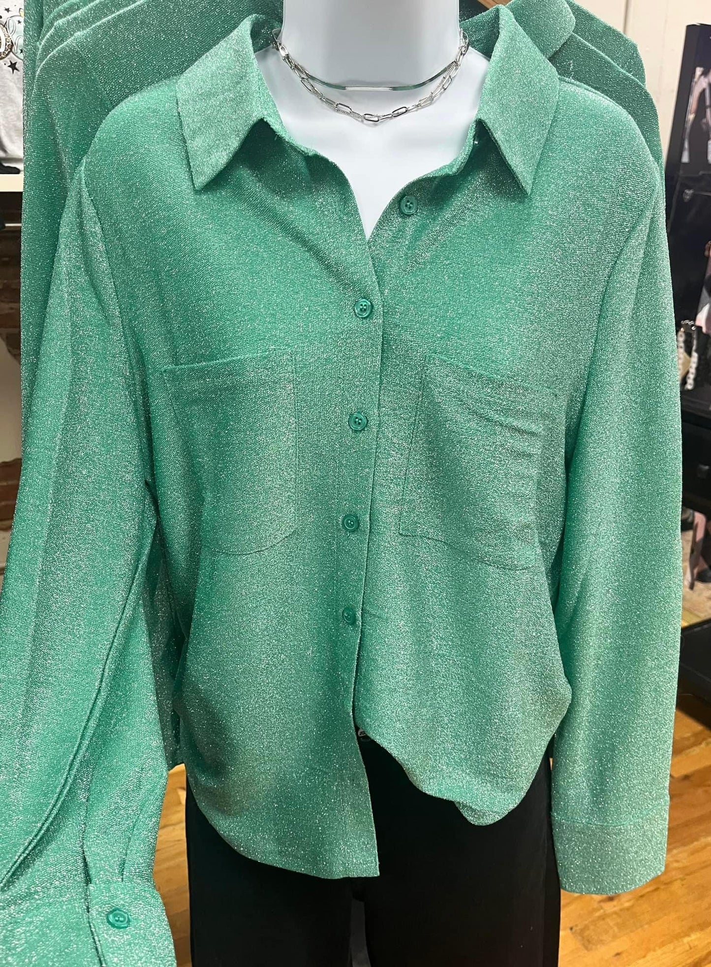 Lurex Green Button Top