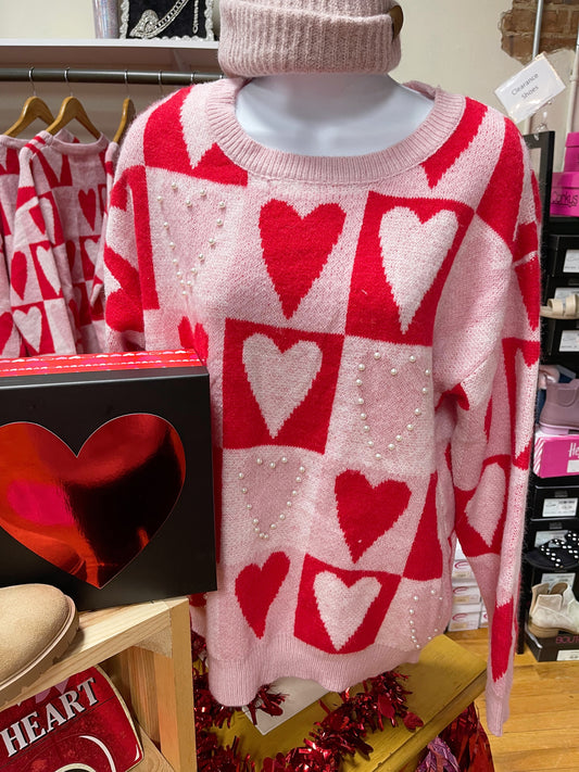 Checker Pearl Heart Sweater