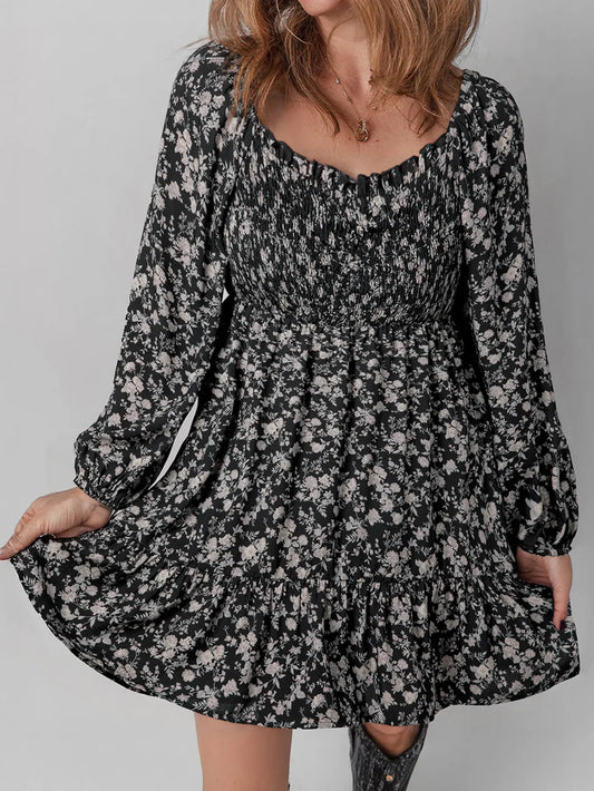 Black Floral Shirred Mini Dress