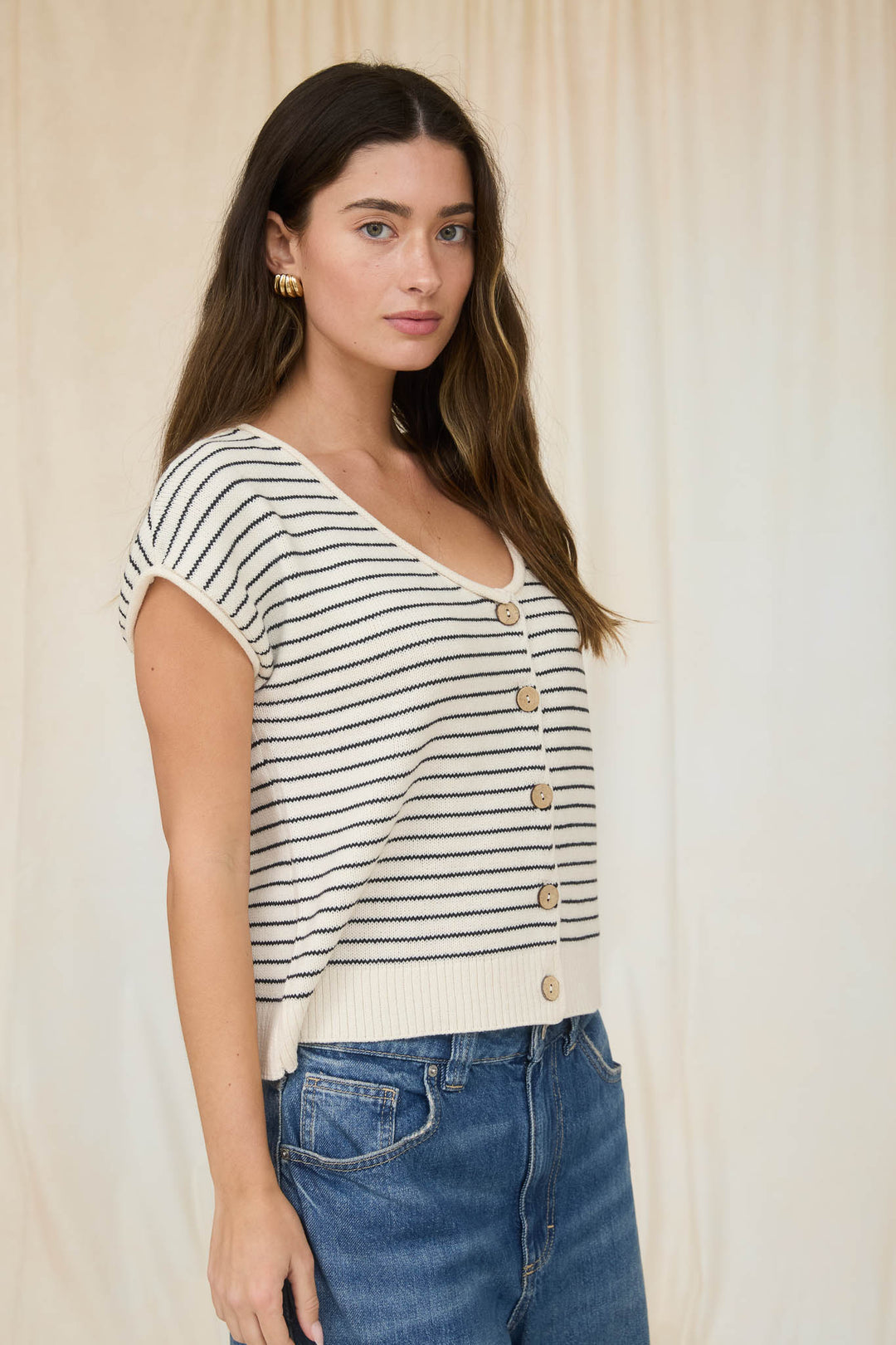 Harbor Stripe Button Knit Top
