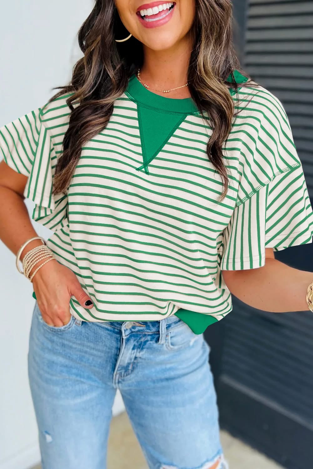 Green Stripe Ruffle Top