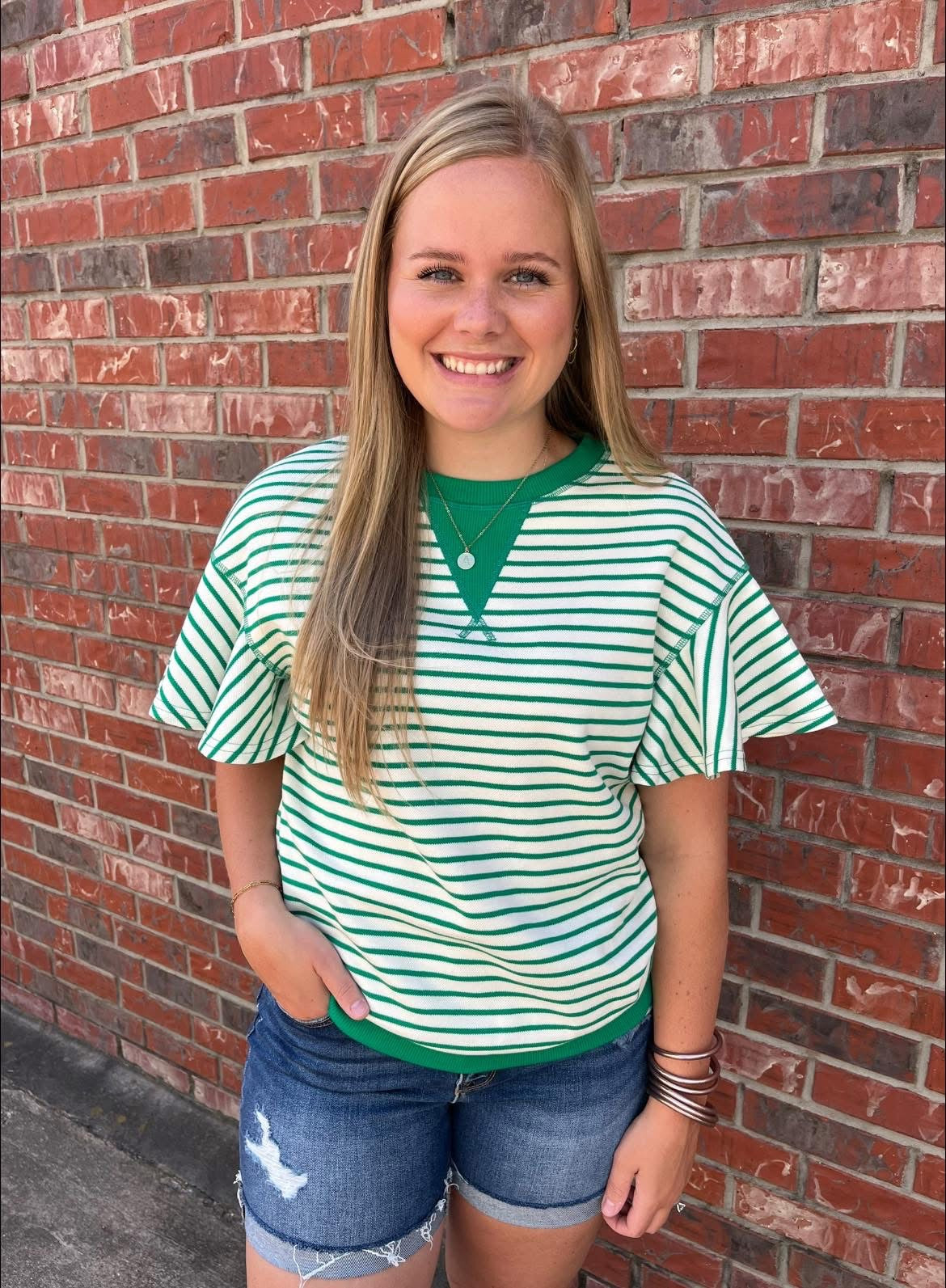 Green Stripe Ruffle Top