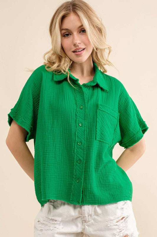 Green Garment Dyed Button Top