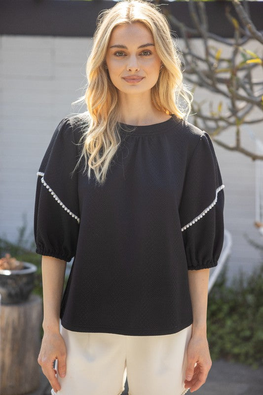 Quilted Pearl Sleeve Knit Top