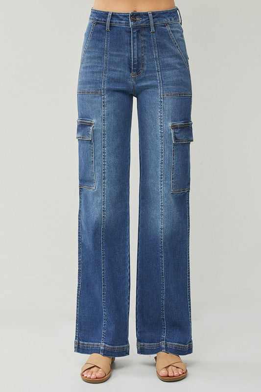 High Rise Wide Cargo Jeans-Risen