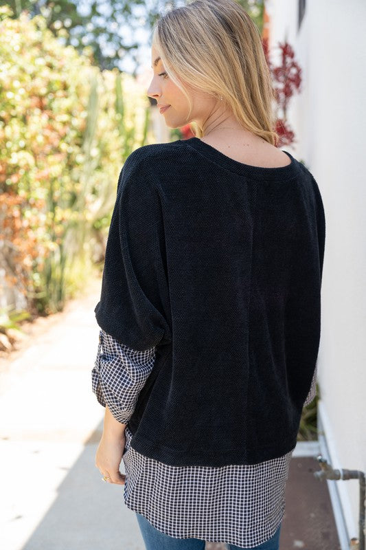 Chenille Plaid Contrast Top