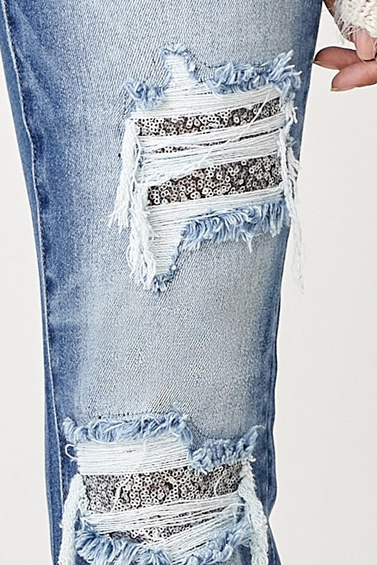 Dark Wash Sequin Patch Jeans-Risen