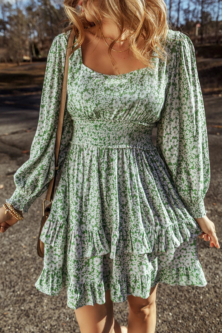 Green Floral Shirred Dress