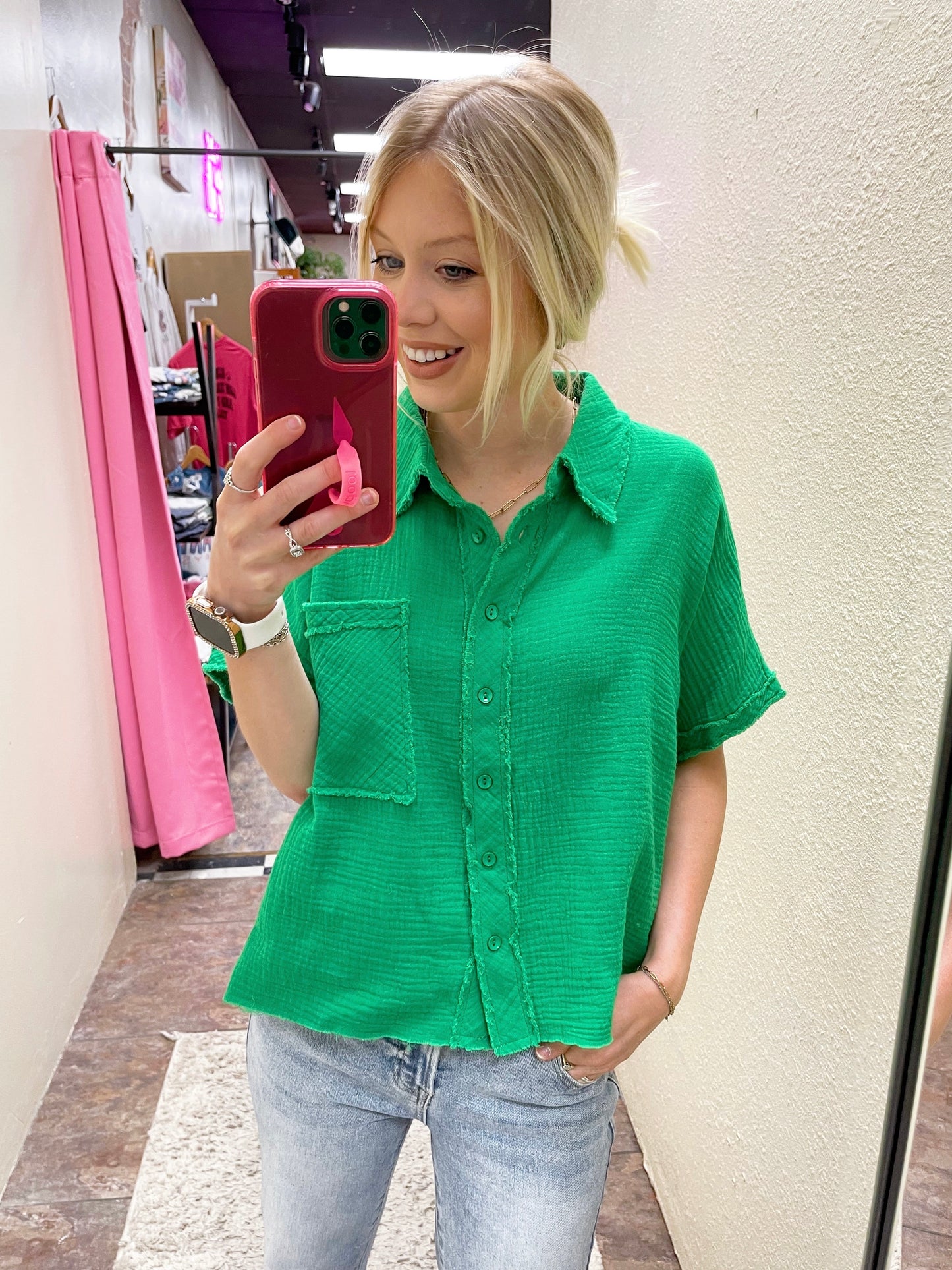 Green Garment Dyed Button Top