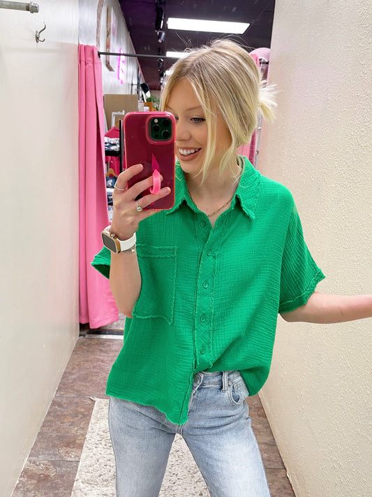Green Garment Dyed Button Top