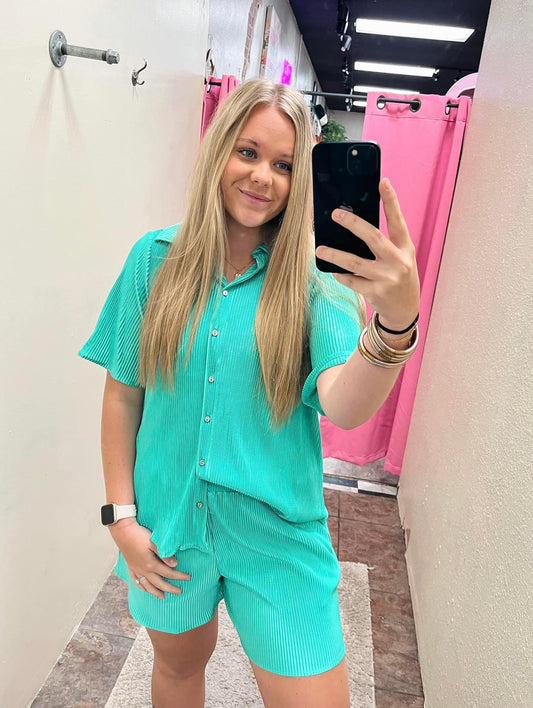 Jade Plisse Button Top