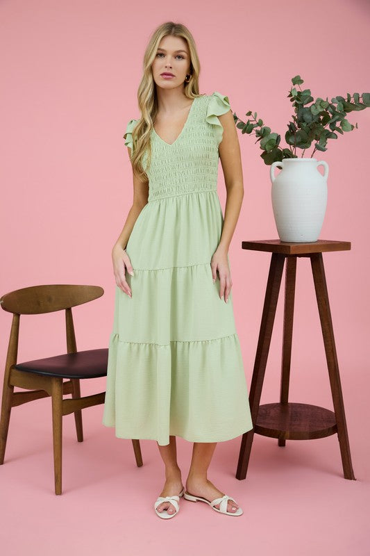 Sage Flutter Sleeve Midi Dress