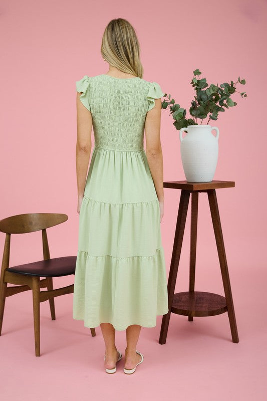 Sage Flutter Sleeve Midi Dress