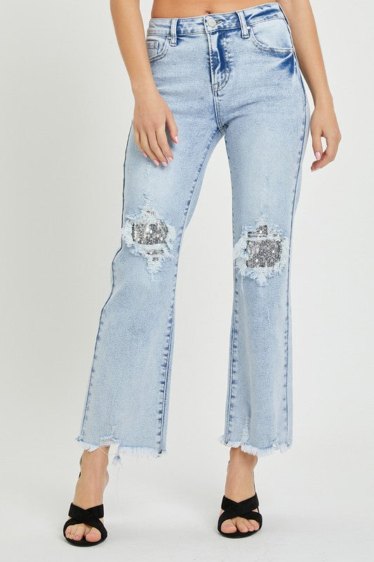 Sequin Knee Patch Straight Jeans-Risen