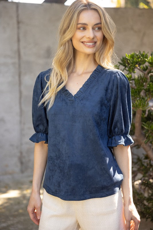 Ruffle V Neck Suede Top