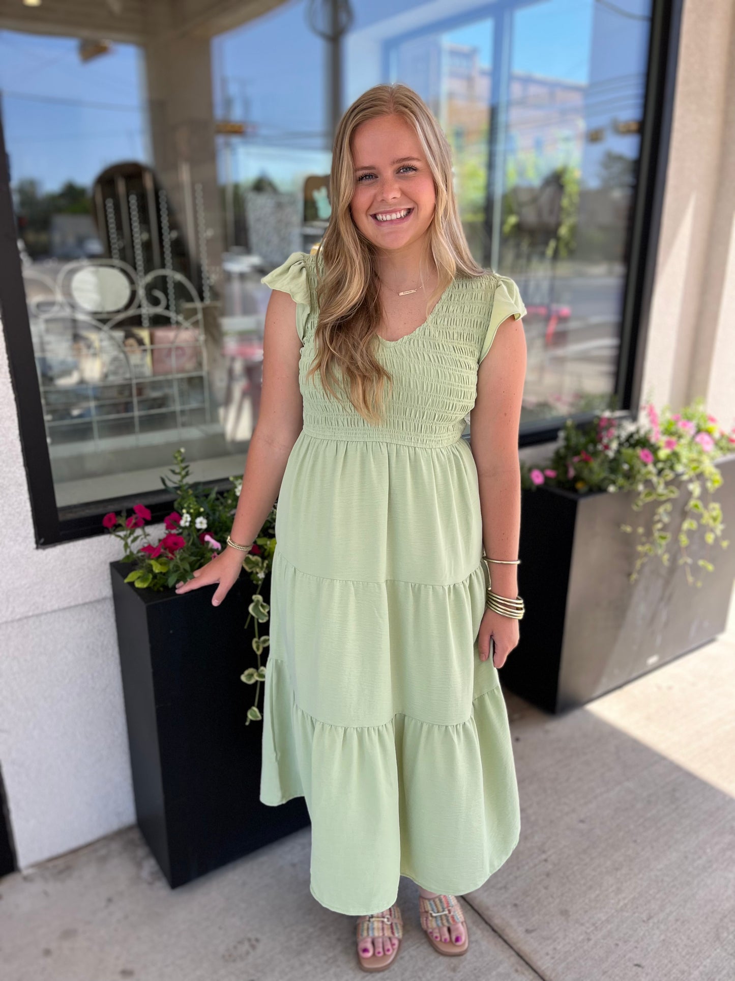Sage Flutter Sleeve Midi Dress