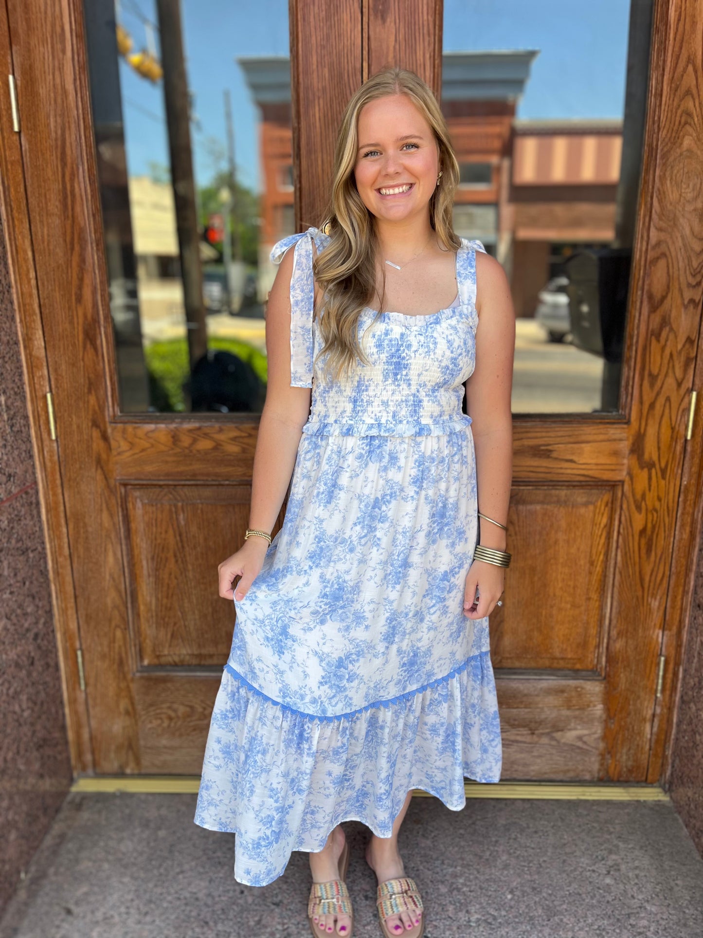 Blue Floral Smocked Midi Dress