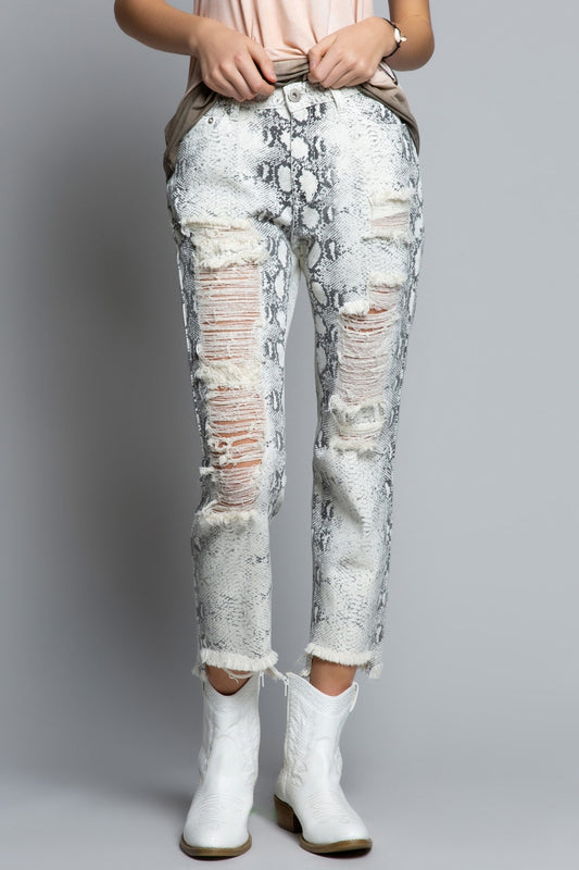 Distressed Snake Print Boyfriends Jeans