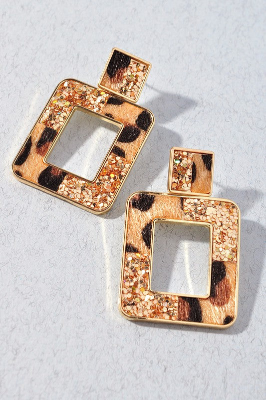 Gold Glitter & Leopard Square Earrings