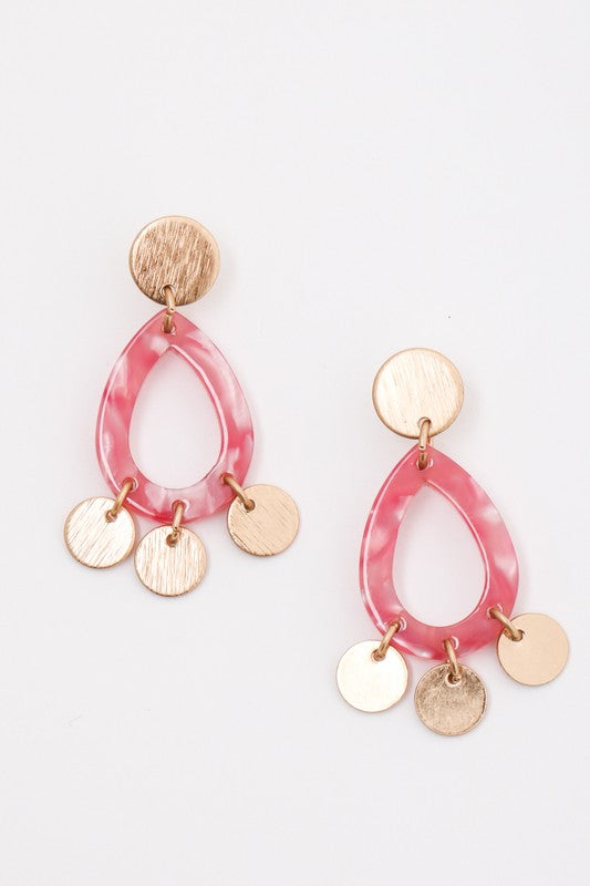 Pink Acetate Tear Drop Coins Earrings