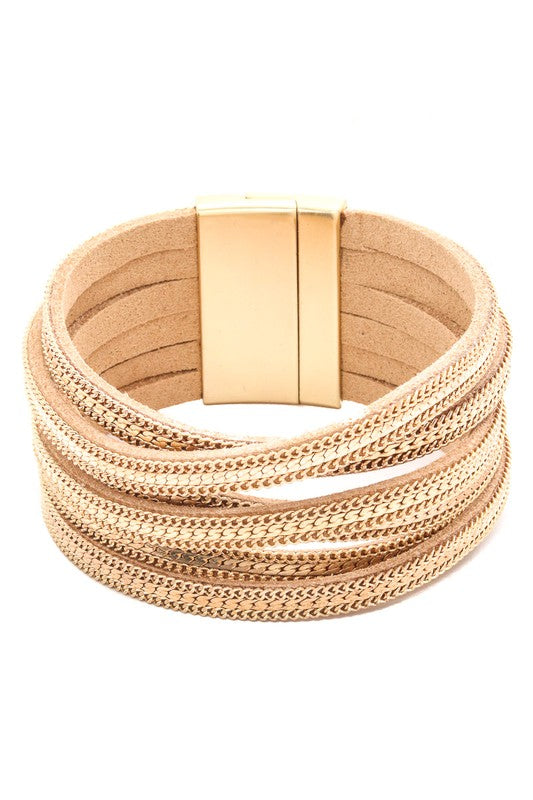 Wide Multi Chain Faux Suede Bracelet