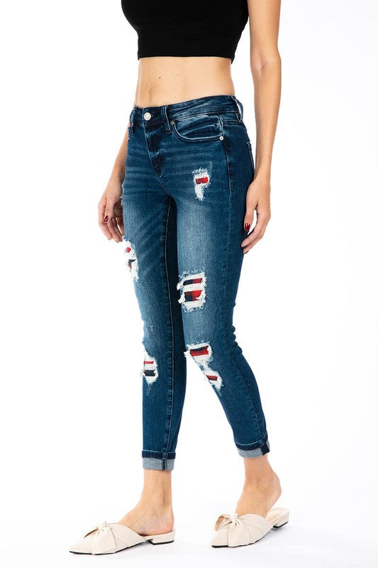 Plaid Patch Skinny Jeans-KanCan