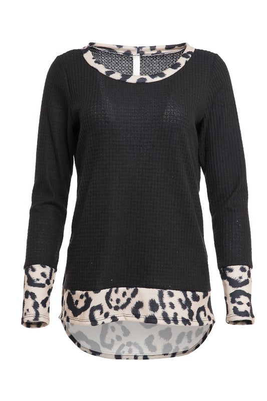 Leopard Detail Thermal Knit Top
