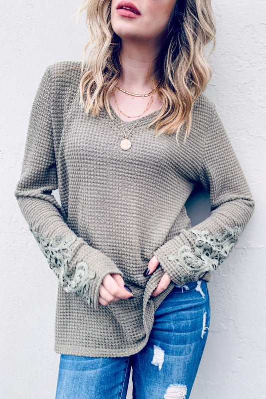 Lace Detail Sleeve Waffle Knit Top