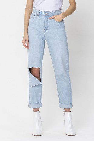 High Rise Knee Cut Jeans-Cello