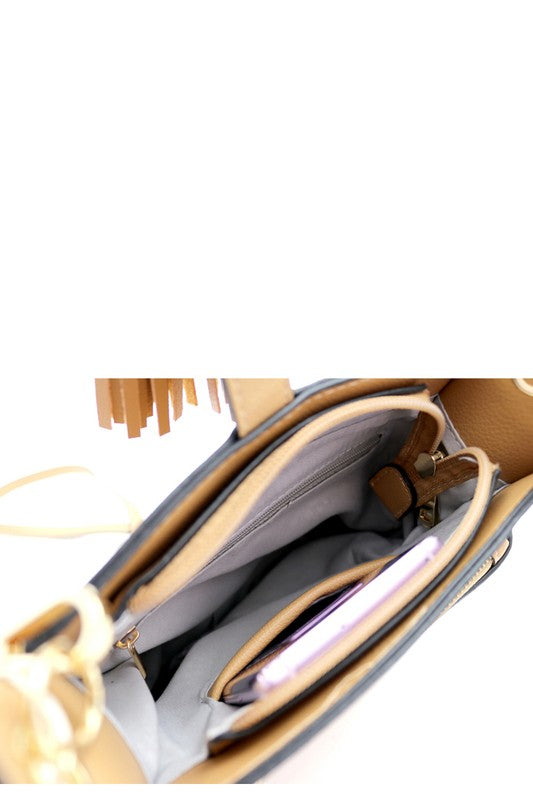 Double Tassel Accent Pocket Bucket Shoulder Bag