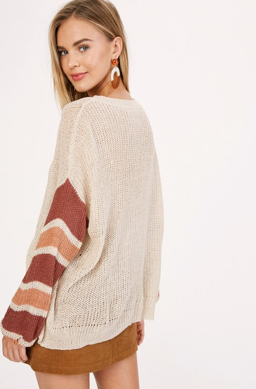 Stripe Sleeve Henley Sweater
