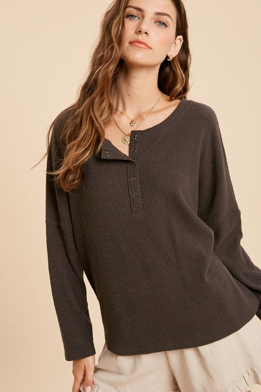 Charcoal Rib Henley Top